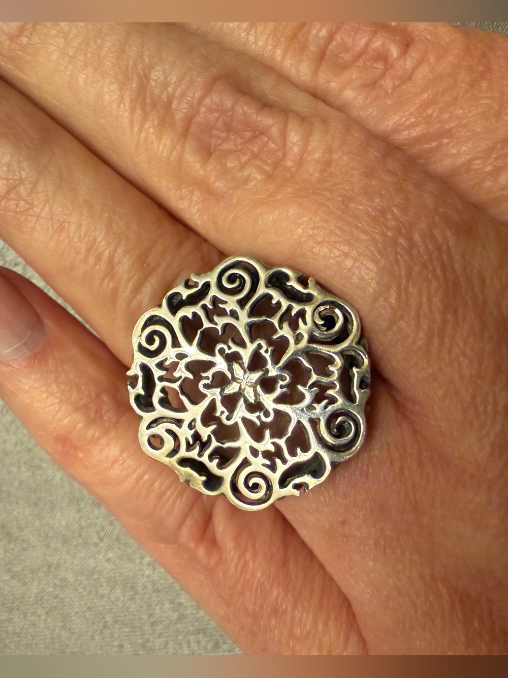 Sterling Silver Filigree Flower Cocktail Ring - Silver